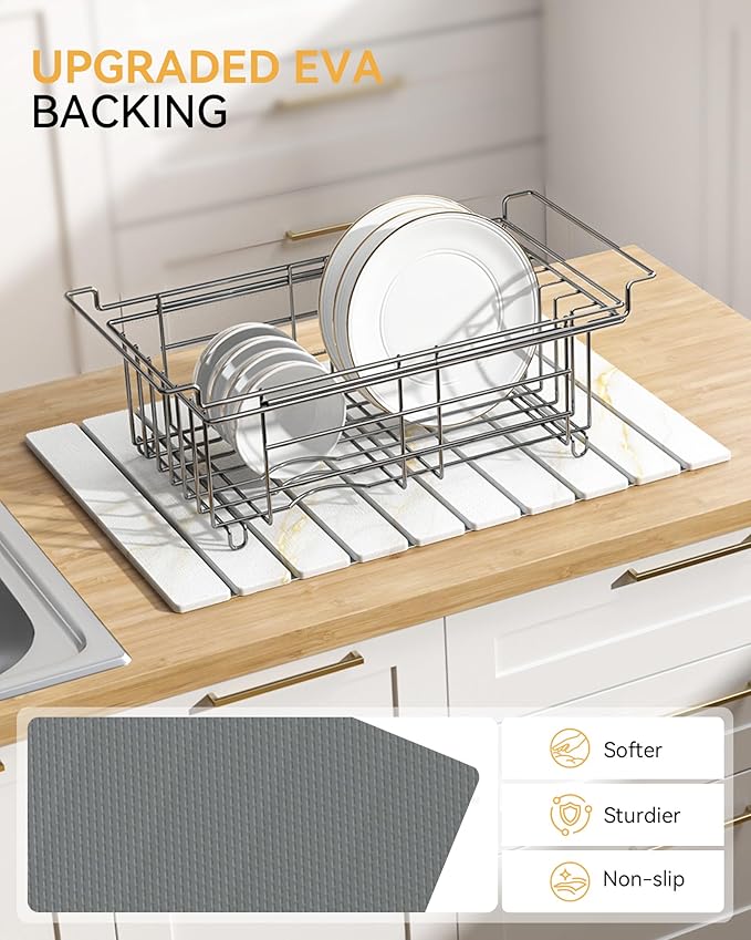 Yofidra Large Stone Dish Drying Mat for Kitchen Counter, Quick Dry Stone Mats with Absorbent Diatomaceous Earth, Foldable Roll Up Drying Organizer Pad for Utensils Plate, 24"×16", White Gold Marble - Image 3