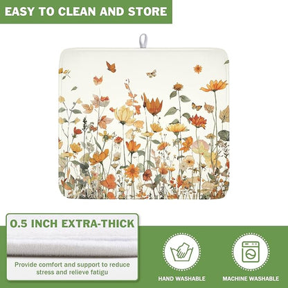 Fall Floral Dish Drying Mat for Kitchen Counter Orange Rustic Vintage Wildflower Pattern Microfiber Dish Drainer Mat Autumn Absorbent Washable Drying Pad Extra Large 16"x18"