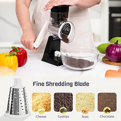Upgraded Rotary Cheese Grater with 3 Interchangeable Stainless Steel Drums, One-Press Powerful Suction Manual Vegetable Shredder & Slicer for Kitchen, 15pcs Storage Bags Included, Black