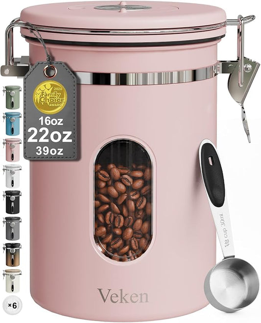 Veken Coffee Canister with Window, Airtight Stainless Steel Kitchen Food Storage Container with Lids, Date Tracker and Scoop for Grounds Coffee, Beans, Tea, Flour, Cereal, Sugar Jars, 22OZ, Pink by Veken