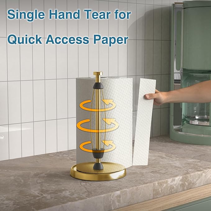 Paper Towel Holder Countertop, Gold Kitchen Accessories Decor, Stainless Steel, Weighted Base, Gold, Paper Towel Roll Holder Stand with Ratchet Mechanism for Kitchen Bathroom Farmhouse Essentials - Image 3