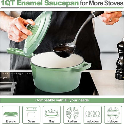 HaSteeL 1 QT Cast Iron Saucepan, Mini Enamel dutch oven with lid, Small Non Stick Pan for Milk, Pasta Tomato Sauce, Butter, Breakfast, Soup, Suitable for Boiling Stewing Frying, Easy to Clean, Green