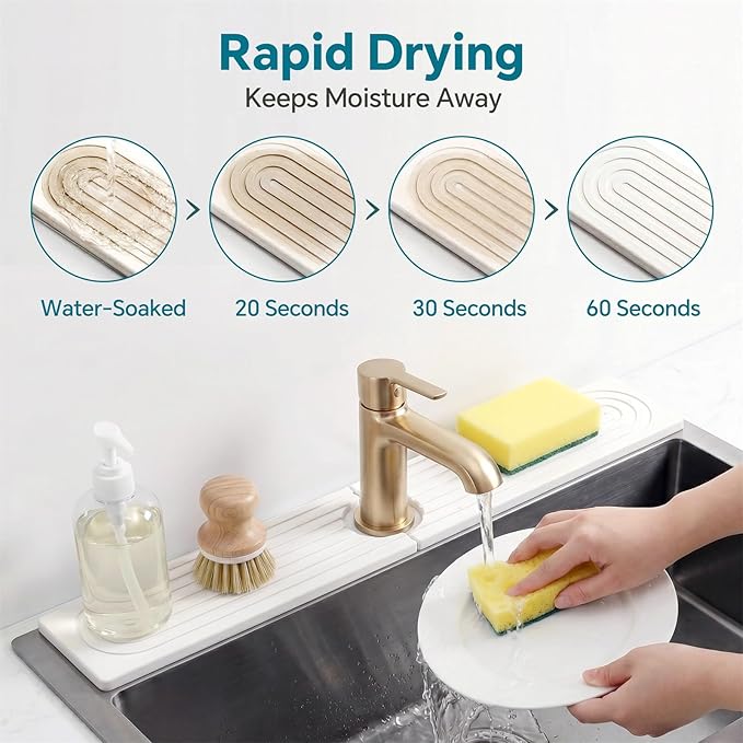 Stone Faucet Mat for Kitchen Sink-Diatomite Drying Stone Mat& Sink Protector,Quick Dry Water Absorbing Stone Tray ,Sink Splash Guard for Kitchen Counter & Bathroom Counter(White, 23.6"X3.9") - Image 3