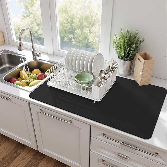 Coffee Mat,Absorbent Dish Drying Mat for Kitchen Counter,Coffee Bar Mat,Non-Slip Rubber Backed,Hide Stains & Quick Dry,for Espresso Machine,Coffee Station,Cups & Sink,17" x 32"(Black)