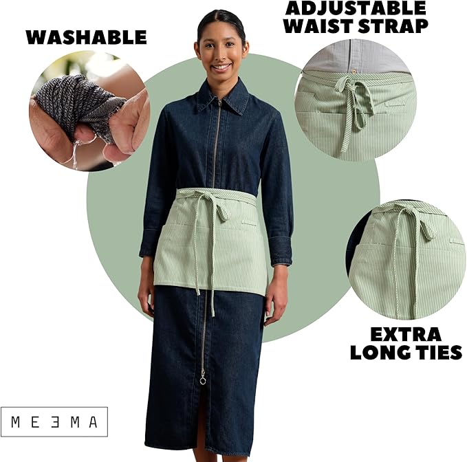 MEEMA Chef Waist Apron Cotton Fabric |Washable & Breathable Waitress & Server Half Aprons for Women with Pockets & Long Waist Straps | Cooking, Baking, Grilling & Crafting