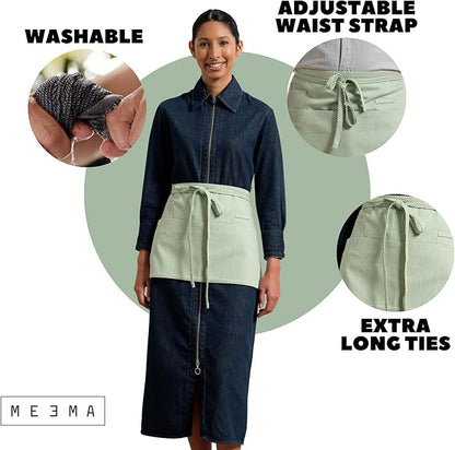 MEEMA Chef Waist Apron Cotton Fabric |Washable & Breathable Waitress & Server Half Aprons for Women with Pockets & Long Waist Straps | Cooking, Baking, Grilling & Crafting