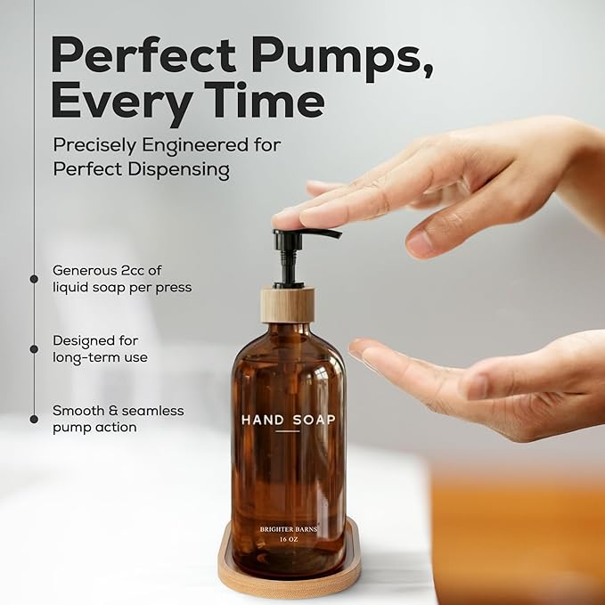 Amber Glass Soap and Lotion Dispenser Set with Tray by Brighter Barns - Hand Soap Dispenser Bathroom Set - Glass Bottles with Pump - Bamboo Home Accessories & Modern Bathroom Decor for Airbnb (Amber) - Image 4
