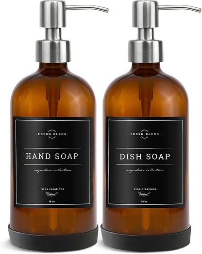 Vine Creations Amber Glass Soap Dispenser, 2 Pack Kitchen Soap Dispenser Set with Stainless Steel Pump, 16 oz Hand Soap or Dish Soap for Bathroom or Kitchen with Waterproof Labels - Image 7