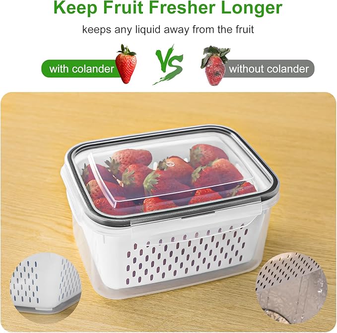 5 PCS Large Fruit Containers for Fridge - Leakproof Food Storage Containers with Removable Colander - Dishwasher & microwave safe Produce Containers Keep Fruits, Vegetables, Berry, Meat Fresh longer - Image 3