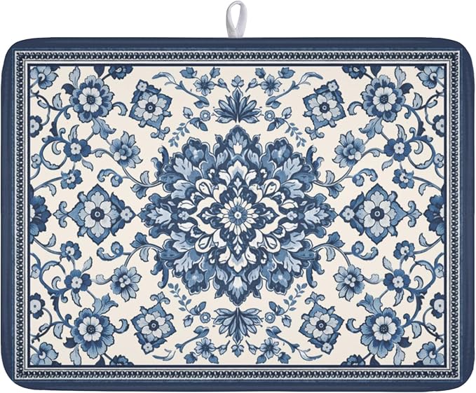 Blue Floral Dish Drying Mat for Kitchen Counter Vintage Flower Pattern Microfiber Dish Drainer Mat Rustic Farmhouse Absorbent Washable Drying Pad Extra Large 18"x24"