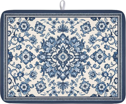 Blue Floral Dish Drying Mat for Kitchen Counter Vintage Flower Pattern Microfiber Dish Drainer Mat Rustic Farmhouse Absorbent Washable Drying Pad Extra Large 18"x24"