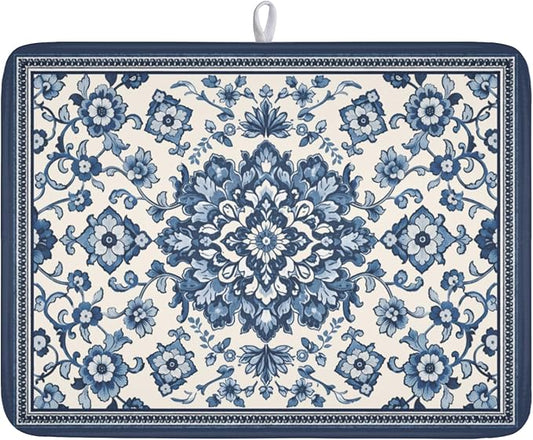 Blue Floral Dish Drying Mat for Kitchen Counter Vintage Flower Pattern Microfiber Dish Drainer Mat Rustic Farmhouse Absorbent Washable Drying Pad Extra Large 18"x24"