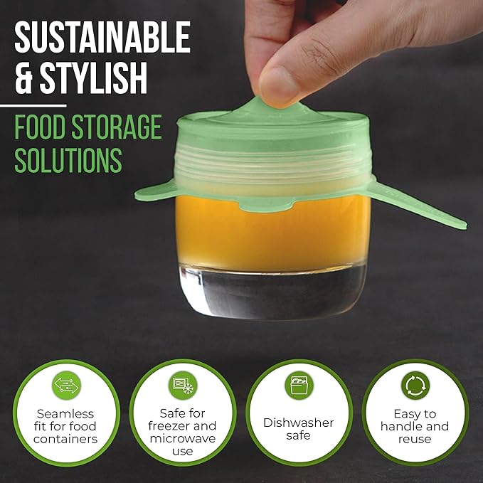 Reusable Silicone Stretch Lids for Food Storage in Fridge - Elastic Heat-Resistant Bowl Covers, Cups, Cans, Jars - Universal Food Grade Lid for Containers - 7 Pack - Light Green Stretchy Lid Set - Image 4