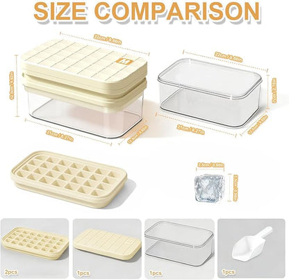 Ice Cube Tray - Freezer Ice Tray Ice Mold Ice Maker for Drinks Whiskey Beer Cocktail Coffee, Transparent Sealed Lid Design for Keep Ice Clean, With Tweezers and 2 Ice Trays Storage（White）