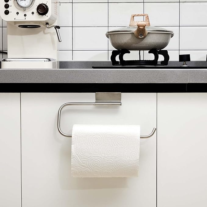 Yaocom 12.4 Inches Cabinet Door Paper Towel Holder Camper Under Sink No Drilling Paper Towel Storage and Dispenser for RV Kitchen Bathroom Laundry Room, Stainless Steel(Silver,1 Pcs)