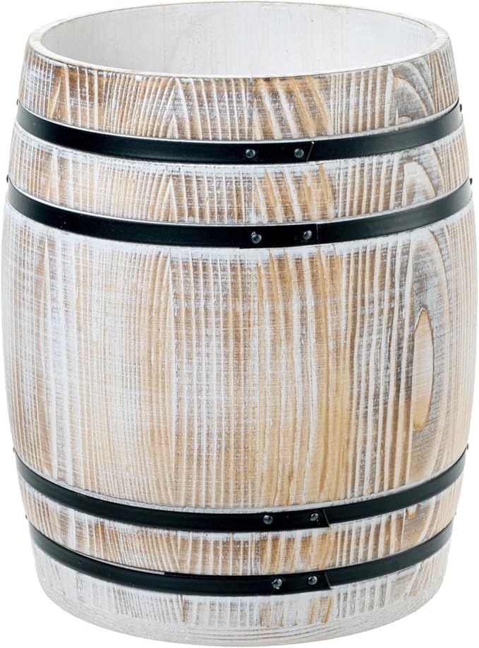 MyGift Wine Barrel Design Kitchen Utensil Holder Crock, Vintage White Washed Solid Wood Cooking Utensils Organizer - Image 6