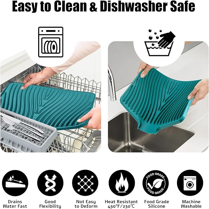 TIKNIK Silicone Dish Drying Mat, Stone Drying Mat for Kitchen Counter with Built-In Drain, Non-Slip Drain Pad with Built-in Drain, Heat Resistant Stone Drying Mat, 1Pcs 20" x 15", Green - Image 3