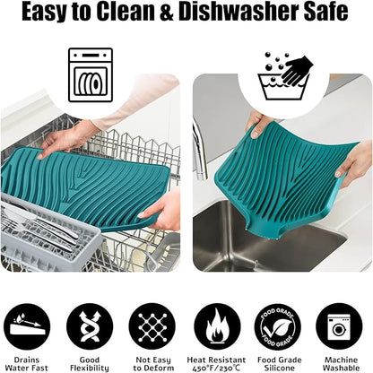 TIKNIK Silicone Dish Drying Mat, Stone Drying Mat for Kitchen Counter with Built-In Drain, Non-Slip Drain Pad with Built-in Drain, Heat Resistant Stone Drying Mat, 1Pcs 20" x 15", Green - Image 3