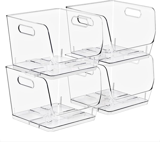 Sorbus Stackable Storage Bins Open Front, Clear Stackable Storage Bins, Pantry Bins for Storage and Organization, Acrylic Stackable Bins for Kitchen, Clear Pantry Organizer Bins (Medium Sqware 4 Pack) by Sorbus