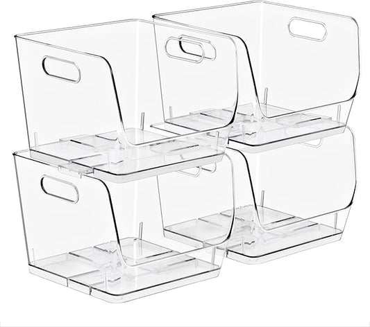 Sorbus Stackable Storage Bins Open Front, Clear Stackable Storage Bins, Pantry Bins for Storage and Organization, Acrylic Stackable Bins for Kitchen, Clear Pantry Organizer Bins (Medium Sqware 4 Pack) by Sorbus