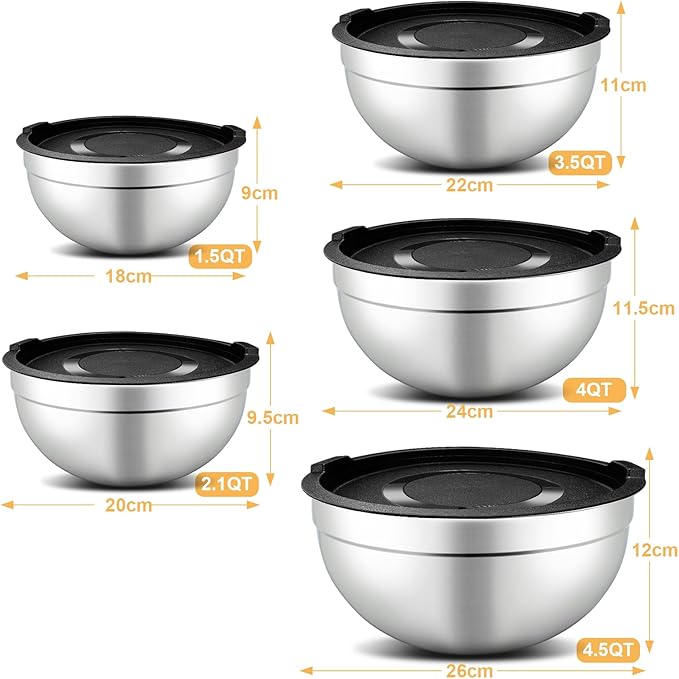 hunnycook 5 Piece Mixing Bowl Set - Mixing Bowls with Lid, Stainless Steel Mixing Bowls for Baking, Size 1.5, 2.1, 3.5, 4, 4.5QT, Baking Bowl for Food Preparation, Mixing and Serving Foods - Image 2