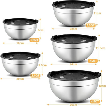 hunnycook 5 Piece Mixing Bowl Set - Mixing Bowls with Lid, Stainless Steel Mixing Bowls for Baking, Size 1.5, 2.1, 3.5, 4, 4.5QT, Baking Bowl for Food Preparation, Mixing and Serving Foods - Image 2