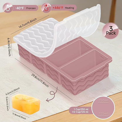 3-Pack Silicone Freezer Trays with Lid, Soup Freezer Container Molds, Silicone Freezer Molds, Ice Cube Tray for freezing Soup Sauce Broth Leftovers, Dishwasher & Oven Safe, BPA Free (1-cup,purple)