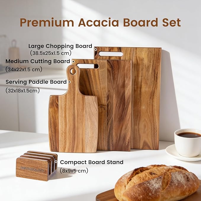 Acacia Wood Cutting Board Set of 3 with Stand – Kitchen & Charcuterie Serving Boards, Multi-Size Wooden Chopping Boards for Meat, Veggies & Fruit, Easy Clean & Space-Saving Display