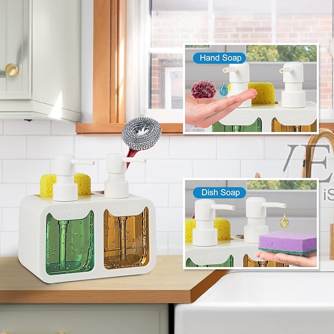 Kitchen Soap Dispenser Set, with Hand and Dish Soap, Sponge Caddy and Brush Holder 4-in-1 Kitchen Dual Soap Dispenser Set for Kitchen Sink, Bathroom - White - Image 4