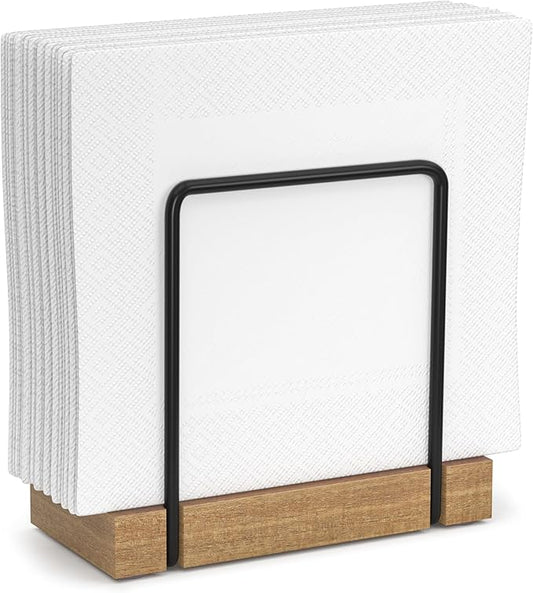Napkin Holder for Table, Acacia Iron Standing Napkin Dispenser for Kitchen Dining Table Farmhouse Cocktail Picnic Rustic Wood Holders for Mail Suitable for All Dining Room Decors Black and Acacia