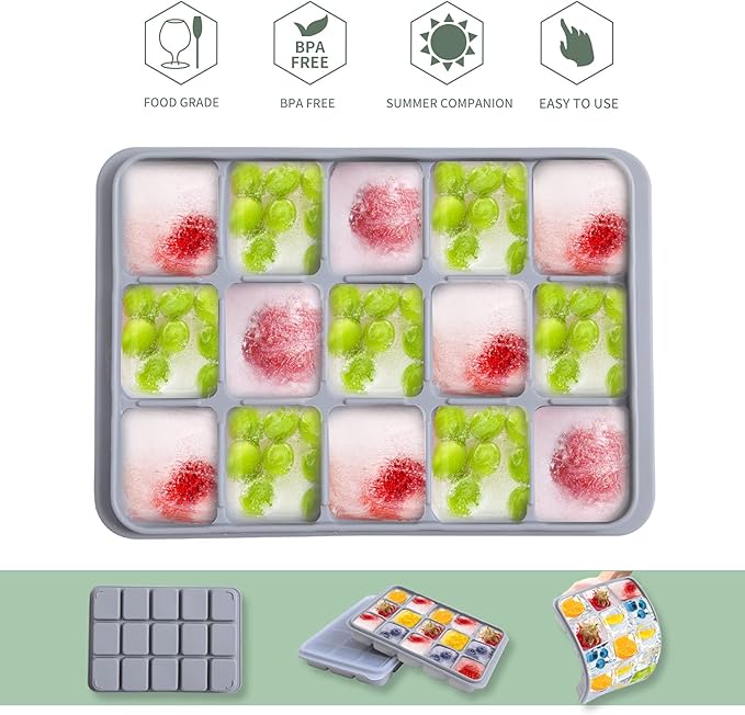 Ice Cube Trays Set of 2, Easy Release 15 Flexible Silicone Ice Cube Molds with Removable Lid Reusable Freezer Ice Trays Stackable for Whiskey, Baby Food, BPA Free (BLUE+GRAY) - Image 4