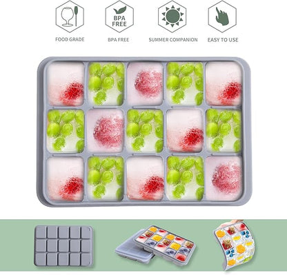 Ice Cube Trays Set of 2, Easy Release 15 Flexible Silicone Ice Cube Molds with Removable Lid Reusable Freezer Ice Trays Stackable for Whiskey, Baby Food, BPA Free (BLUE+GRAY) - Image 4