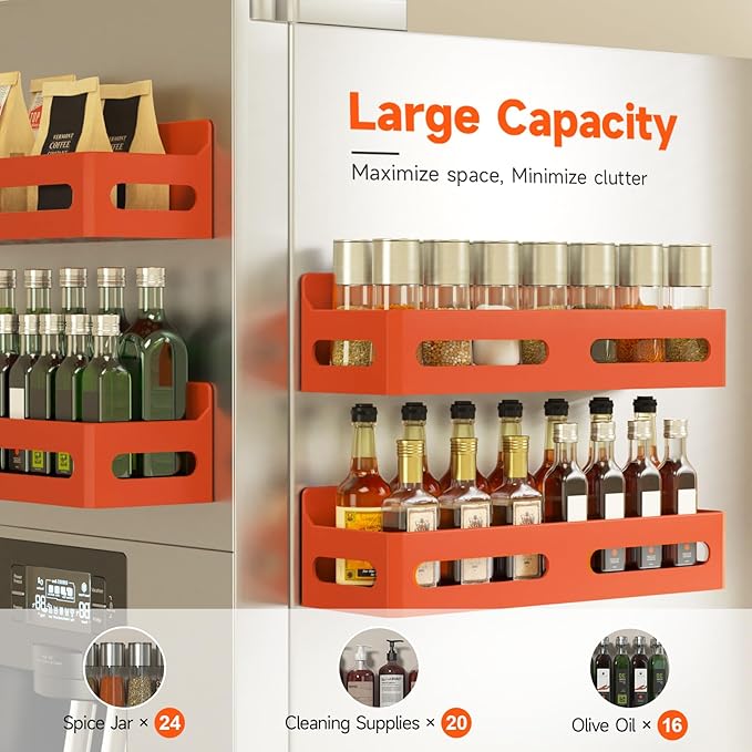 Sevenblue 4 Pack Strong Magnetic Spice Rack for Refrigerator, Multipurpose Magnetic Shelf for Fridge with 4 Hooks for kitchen and Bathroom Organization, Orange - Image 4