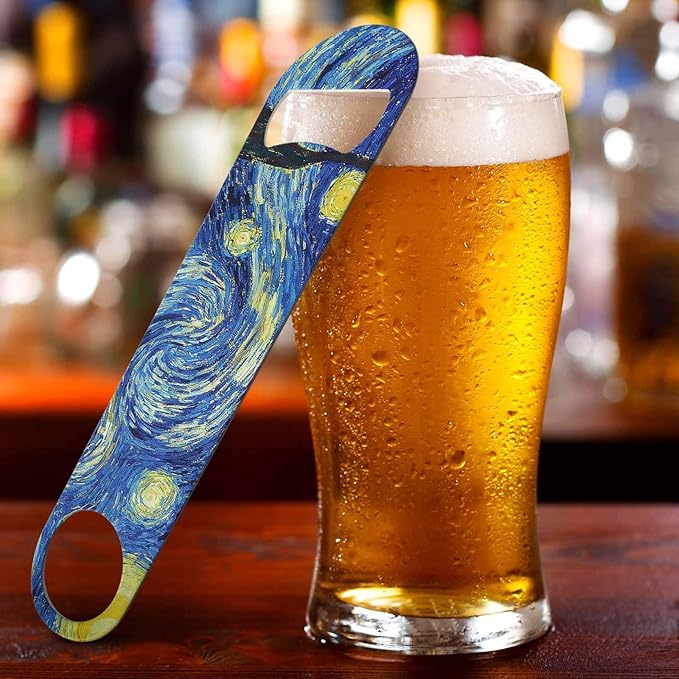 Starry Night Stainless Steel Bottle Opener Van Gogh Oil Panting Art Classic Vivid Star Cloud Universe Creative Flat Beer Bottle Opener Keychain for Home Kitchen Bar Restaurant Party Gift