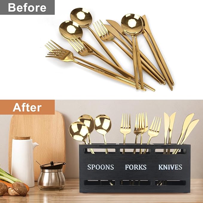 Ayiaren Wooden Silverware Caddy Flatware Cutlery Holder Wood Silverware Organizer Containers Small Black Kitchen Utensil Holder for Countertop Spoon and Fork Holder Flatware Utensils Caddy for Party - Image 6