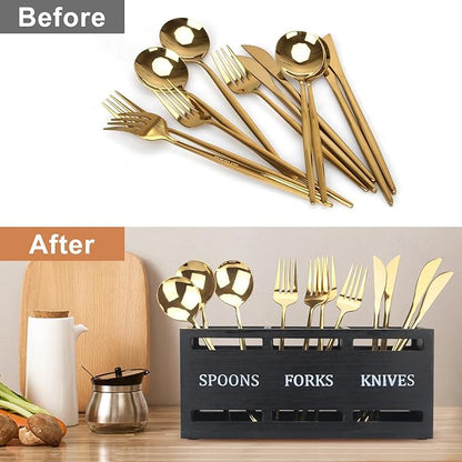 Ayiaren Wooden Silverware Caddy Flatware Cutlery Holder Wood Silverware Organizer Containers Small Black Kitchen Utensil Holder for Countertop Spoon and Fork Holder Flatware Utensils Caddy for Party - Image 6