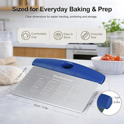 Ourokhome 2 Pack Bench Scraper Dough Cutter, Stainless Steel Dough Scraper with Laser-Etched Scale, Conversion Chart, Non-Slip Handle, Dishwasher Safe for Bread & Pastry, Blue - Image 2