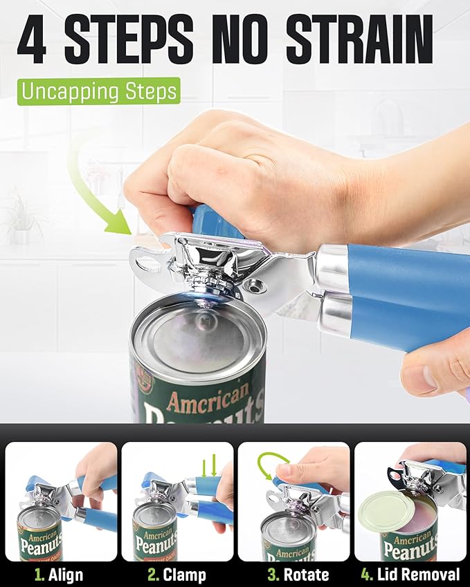 Multifunctional Can Opener Manual, Durable Heavy Duty Handheld Strong Can Opener with Smooth Cutting Edge, Friendly Kitchen Essentials Tool for Seniors, Camping and Bottle Opening-Blue - Image 3