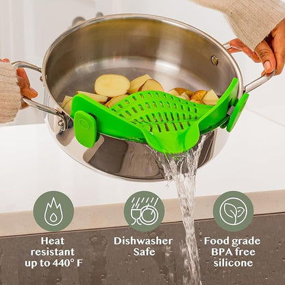 Kitchen Gizmo Snap N' Strain Clip On Strainer for Pots and Pans - Collapsible Silicone Pasta Strainer and Kitchen Gadget for Cooking - Easy to Use, Heat Resistant and Space Saving Colander - Green - Image 5