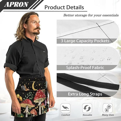 Server Apron with 3 Pockets, Waterproof Oil Waitress Waiter Half Apron for Restaurant Hotel Kitchen Cafe