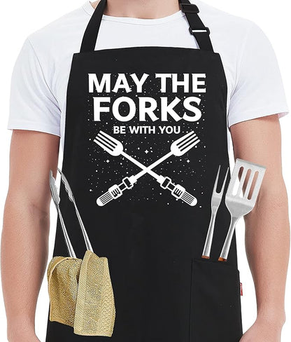 Kaidouma Funny Grill Aprons for Men - May The Forks Be With You - Men’s Funny Chef Cooking Grilling BBQ Aprons with 2 Pockets - Birthday Father’s Day Christmas Gifts for Dad, Husband, Movie Fans