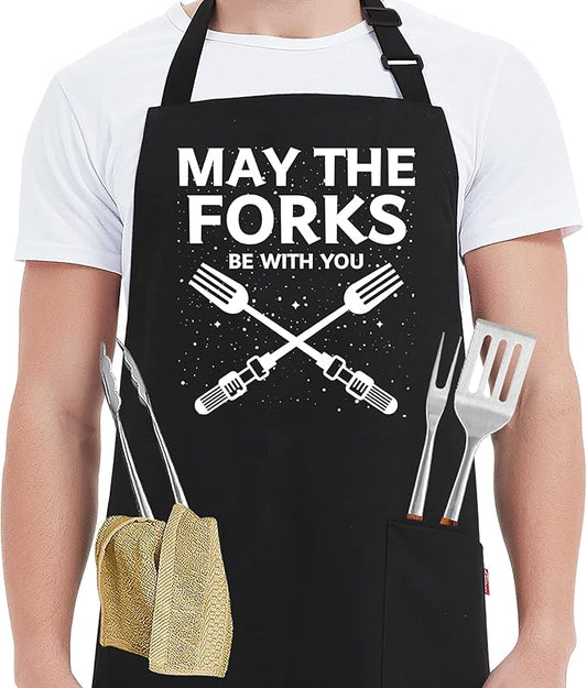 Kaidouma Funny Grill Aprons for Men - May The Forks Be With You - Men’s Funny Chef Cooking Grilling BBQ Aprons with 2 Pockets - Birthday Father’s Day Christmas Gifts for Dad, Husband, Movie Fans