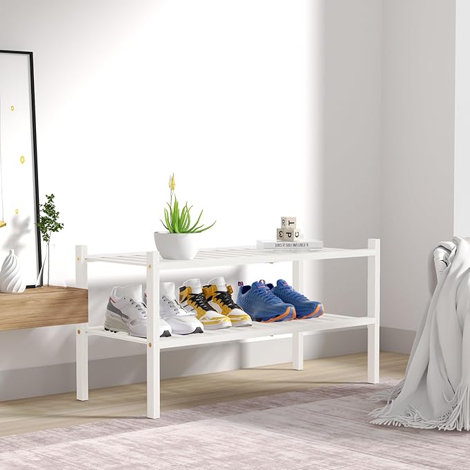 ROMGUAR CRAFT 2 Tier Bamboo Shoe Rack for Closet Free Standing Wood Shoe Shelf for Entryway Small Space Stackable 27"x11"x13" (White) - Image 7
