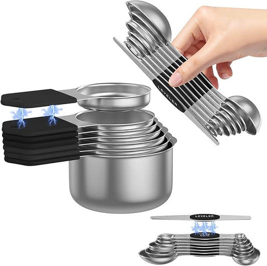 Magnetic Measuring Cups and Spoons Set - 304 Stainless Steel | Dual-sided Design | Set of 15 with Leveler | Strong N52 Magnetic Nesting Design | for Dry & Liquid Ingredients (Black) by Abtrino