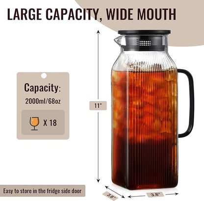 2 Liter/68 oz Square Glass Pitcher with Lid, Classic Stripes Water Pitchers with Handle for Fridge, Large Jug for Iced Tea, Coffee, Borosilicate Glass Carafe for Hot/Cold Brew Drink, Black - Image 2