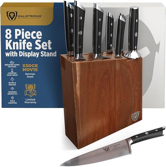 Dalstrong 8-Piece Knife Block Set — German High-Carbon Steel, Full-Tang, Hand-Polished 14–16° Edge — Gladiator Series For First Real Kitchens, New Homeowners & Apartment Cooks — Acacia Block, NSF by Dalstrong