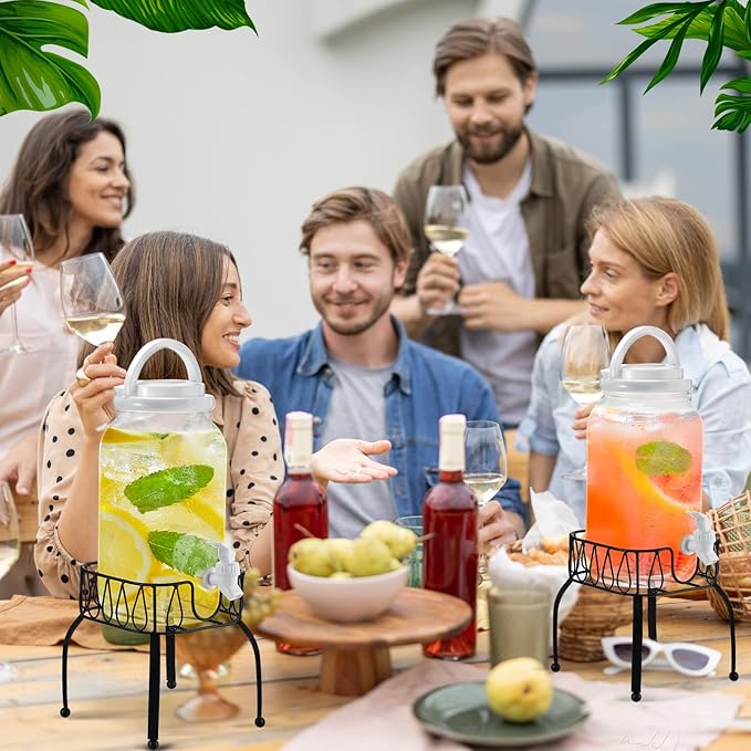 Tanlade 2 Pcs Plastic Drink Dispenser with Stand Beverage Dispenser with Sturdy Metal Base Juice Jar for Parties Lemonade Jar Spigot for Weddings Countertop Water, Each 1 Gallon(White)