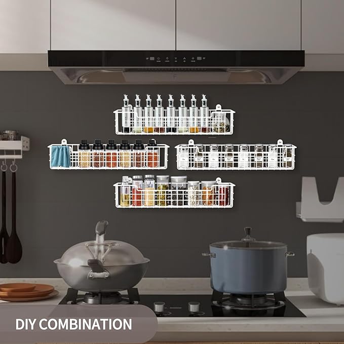 Spice Rack, 4-Pack Seasoning Organizer Wall Mount for Kitchen Storage Organization, Spice Holder Metal Shelf Saving Space for Cabinet, RV, Pantry, White - Image 4