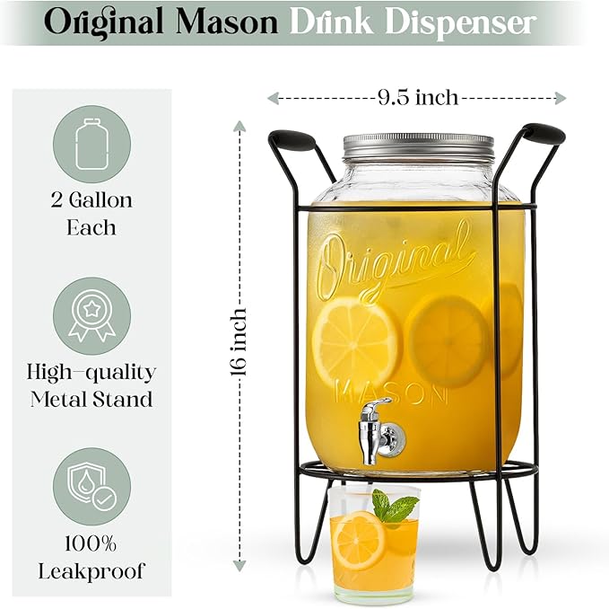 2 PACK-2 GALLON Drink Dispensers for Parties, Drink Dispensers for Parties, Original Mason Beverage Dispensers with Stand, Glass Water Jug Dispenser, 100% Leakproof Spigot