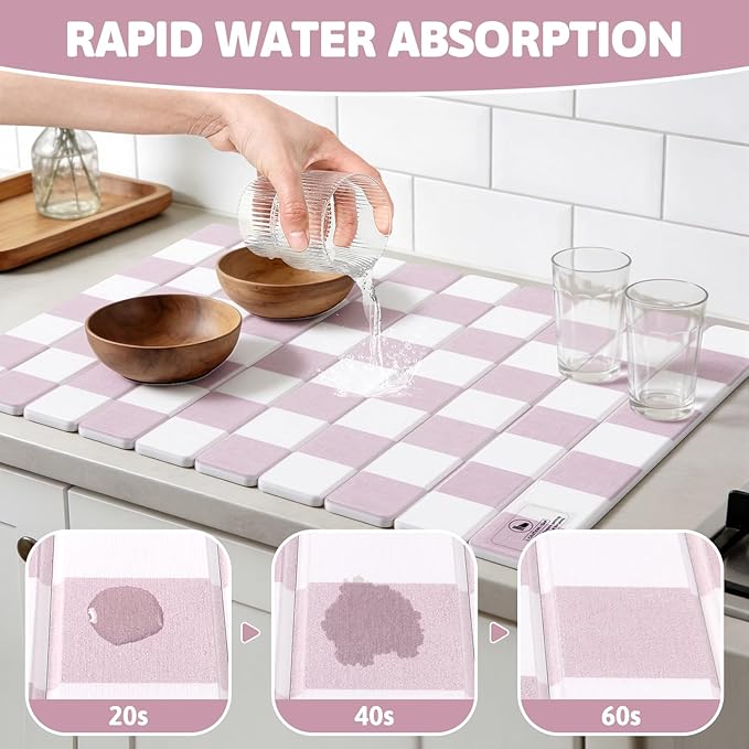 Yamaziot Large Stone Drying Mat for Kitchen Counter, 15.3"x24" Foldable Ultra Absorbent Stone Drying Mat, Quick-Dry Diatomaceous Earth Mat, Non-Slip Heat Resistant Mat for Dishes, Cups, Bottles, Pink